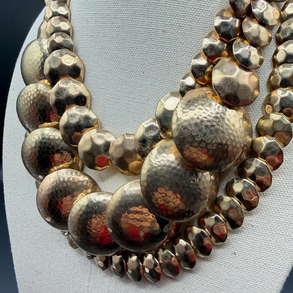 Gold Tone Hammered Disc Multi Strand Statement Bib Necklace Bold Chunky Layered
